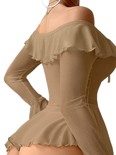 Image of Foxiny Sheer Ruffle Long Sleeve Babydoll Lingerie Dress | Off-shoulder neckline, flared cuffs and a flounce hem add movement; thong and thigh-high stockings complete the 3-piece set