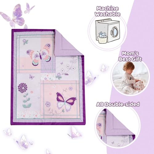 Image of Butterfly Nursery Bedding Set 3-Piece Purple Baby Bedding Set(Purple)