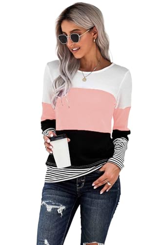 FANGJIN Pull Femme Sweat Femme Tunique Hiver Marine A Maille Automne Rayé Col Rond Vetement Femme Solde Grande Taille Chaud Long Laine Tee Shirt Gilets Marque Rose XL 44 46