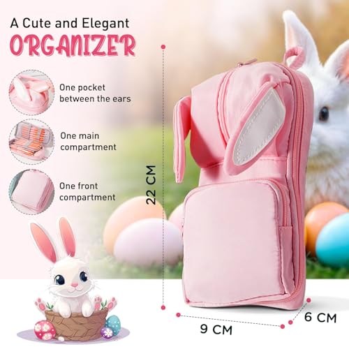 Image of DEOXY Polyester Large Capacity Pencil Pouch for Girls & Boys with 3 Zippers & 5 Compartments| Waterproof Aesthetic Cute Bunny Ears Standing Pencil Case for Kids, Multiutility Pouch (Baby Pink)