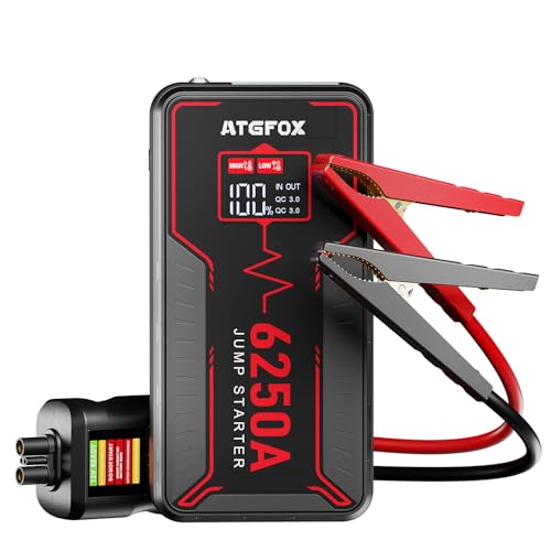 6250A Car Battery Jump Starter, 12V Portable Jump Box for 10L Gas/6.5L Diesel Engines, Battery Booster Pack with Smart LCD Jumper Cables, 0V Force Start, 48-Month Standby, 18W USB-C Power Bank