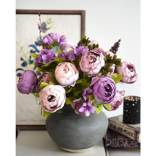 Image of FiveSeasonStuff Dusty Purple, Mauve & Greenery Accents Artificial Peony Bouquet, Two Faux Silk Flower Bundles with Hydrangeas