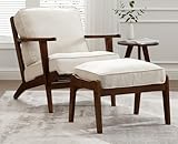 Kmax Mid Century Modern Accent Chair with Ottoman Walnut Linen Fabric Reading Chair Living Room Bedroom Comfy Leisure Chair Footrest, Beige