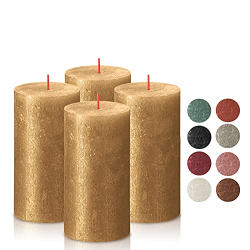 bolsius gold shimmer metallic pillar candles 4 pack - 2.75 x 5 inches - premium european quality - includes natural plant-based wax - unscented dripless smokeless 60 hour party and wedding candles