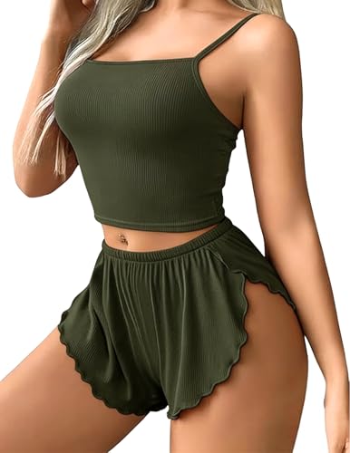 Image of Women's 2 Piece Split Leg Pajamas Shorts Set Sexy Ribbed Knit Adjustable Pjs Summer Cami Crop Top Side Pjs Sleepwear