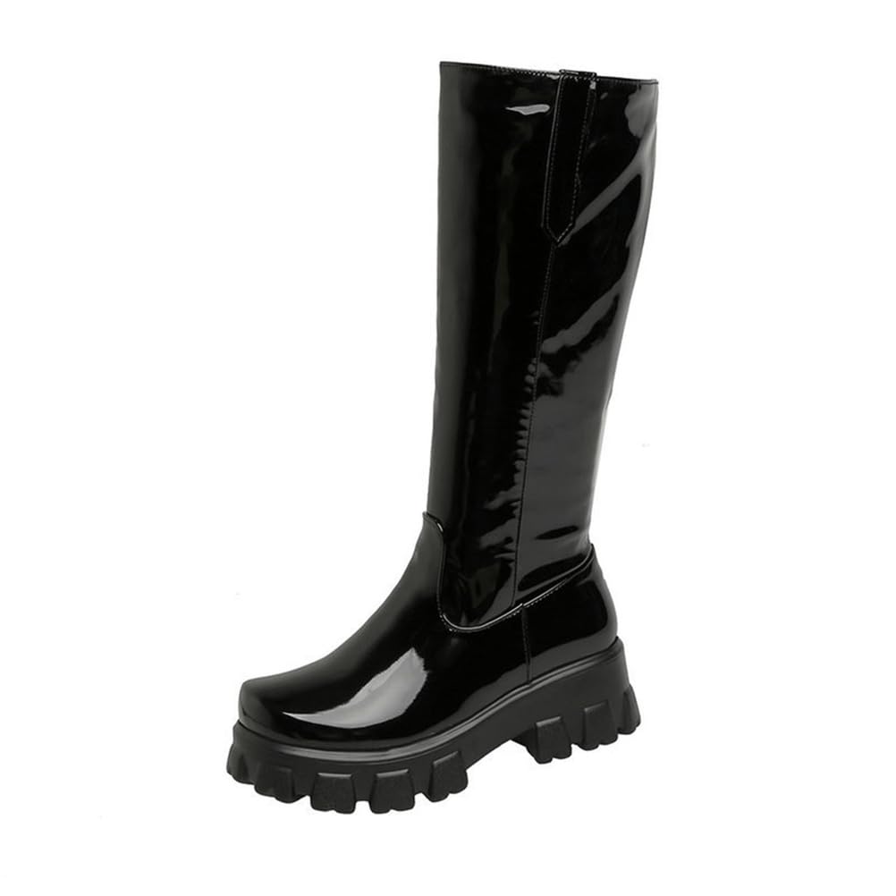 Womens Knee High Boots Chunky Block Heel Elastic Lug Sole Boots Platform Combat Boots for Women