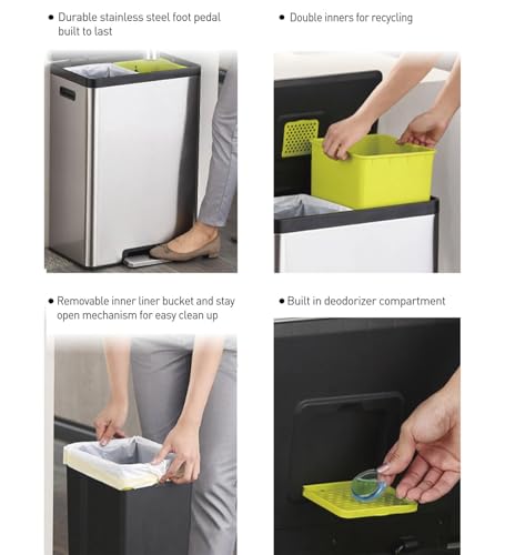 Image of Obsessions EKO Stainless Steel Dual Step Trash Can for Recycling, 10+10L Rectangular Kitchen Dustbin, Independent Pedals and Lids, Soft Close and Fingerprint Resistant, Metallic