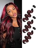 AUROO 99J Burgundy Highlight Body Wave 3 Bundles Human Hair, 12A 100% Virgin Burgundy and Black Colored Human Hair Bundles Thick Track Ombre Red 99J Brazilian Quick Wavy Weaves Sew In Remy 10 12 14 In