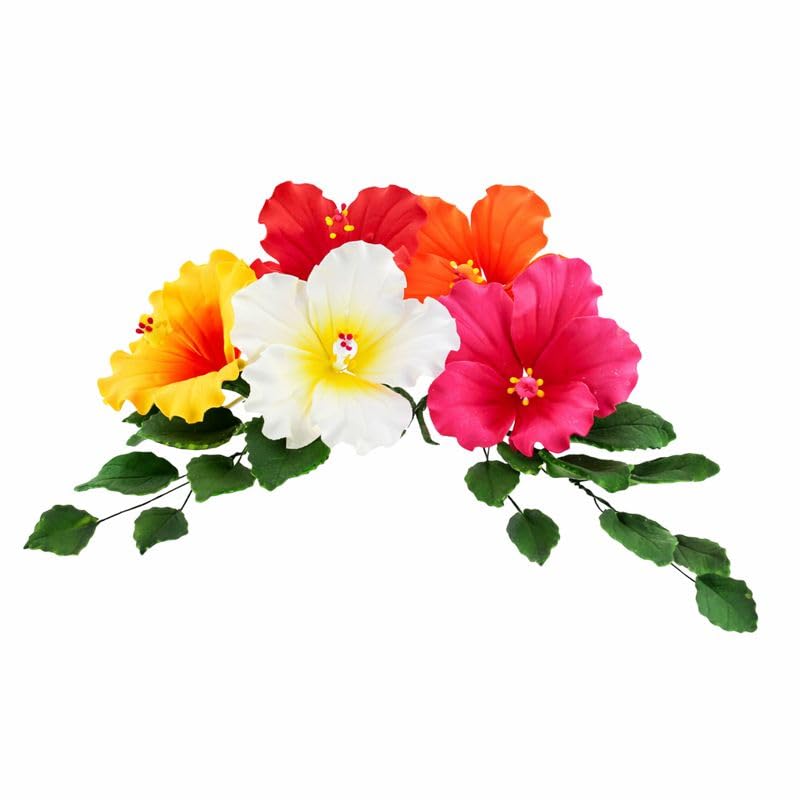 Global Sugar Art Tropical Hibiscus Sugar Flowers for Cakes – Large Gumpaste Hawaiian Cake Toppers, Assorted Colors, 5 Count with Leaf Sprays by Chef Alan Tetreault
