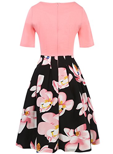 oxiuly Women's 1950's Pink Flower Patchwork A-line Cocktail Party Midi Dress 165 (XL, Pink)
