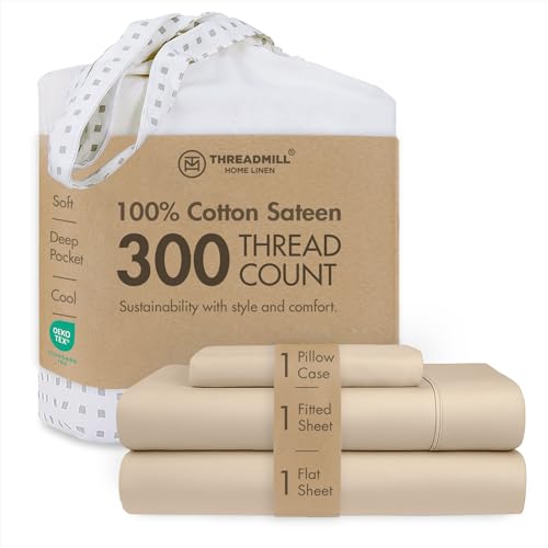 Image of Threadmill 300 Thread Count Cotton Twin Sheet Set, Sateen, Solid, Beige