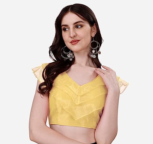 Image of Pujia Mills Women's V Neck Orgenza Three Layer Ruffle Sleeve Frill Readymade Saree Blouse