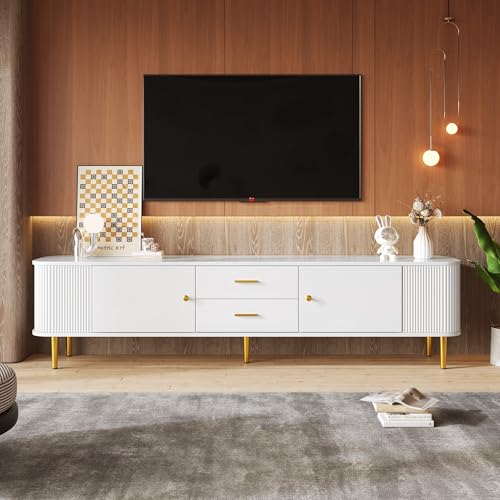 Lahoomu TV-Schrank mit Schubladen, Geschwungenen Ecken, Wohnzimmer-TV-Schrank mit Gewellten Seiten, Goldenen Griffen und Beinen