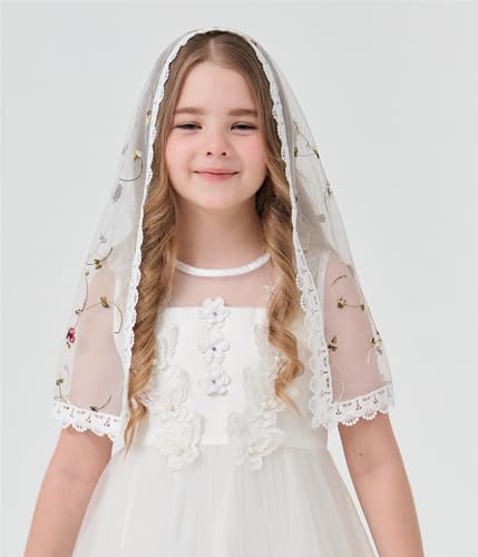 D Shaped Veil for Girl Baptism First Communion Veils for Girls Lace Chapel Veil Rose Embroidered Veil K24