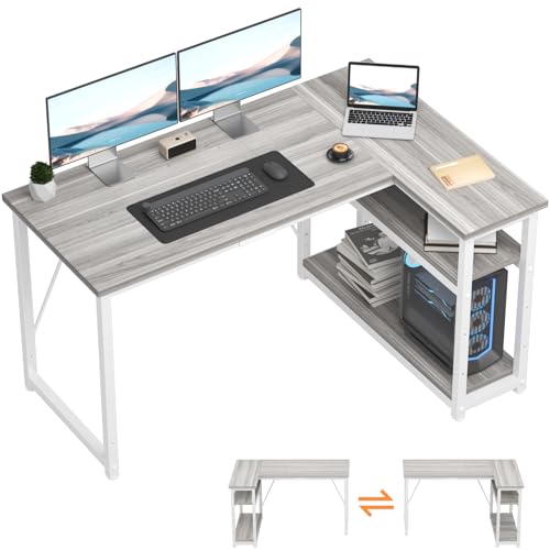 TRIUMPHKEY Escritorio Esquinero en L de 120x80 cm con Almacenamiento, Escritorio de Esquina con Estante Reversible, Estable Mesa Ordenador en L para Oficina, Estudio o Secretaría, Gris