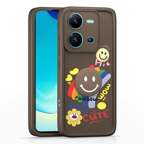 Image of Pikkme Back Cover for Vivo V25 5G | Soft Silicone| Cute Rainbow Smile & 3D Cartoon Flower Design | Shockproof Raised Camera Protection Bumper Case (Brown)