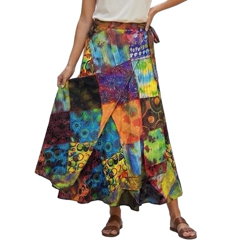 Image of Agan Boho Maxi Wrap Skirt for Women, Tie Dye Cotton Long Flowy Summer Skirt