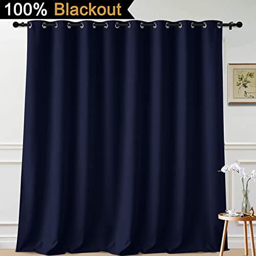 Image of Yakamok Navy Blue Blackout Patio Door Curtain Panels W100 x L108,1 Panel | Noise Reducing Barrier Panel for Sliding Glass Door, 2 Thick Layers Heat Full Light Blocking Patio Door Drapery