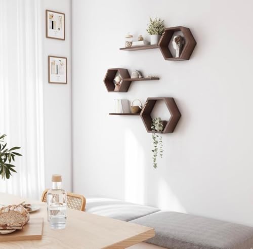 Image of Hexagon Wall Shelves Set of 6 | Wooden Floating Wall Shelf for Home Decor | Honeycomb Design Wall Rack for Living Room, Bedroom & Office (Brown)