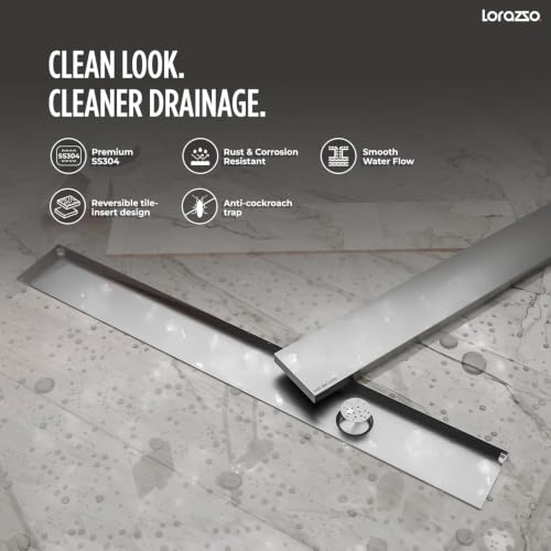 Image of Lorazzo Linea Tile-Insert SS304 Shower Drain Channel 24x4 Inch | Built-in Cockroach Trap | Stainless Steel Floor Drain | Silver Finish | Bathroom Shower Drain | 10 Year Warranty