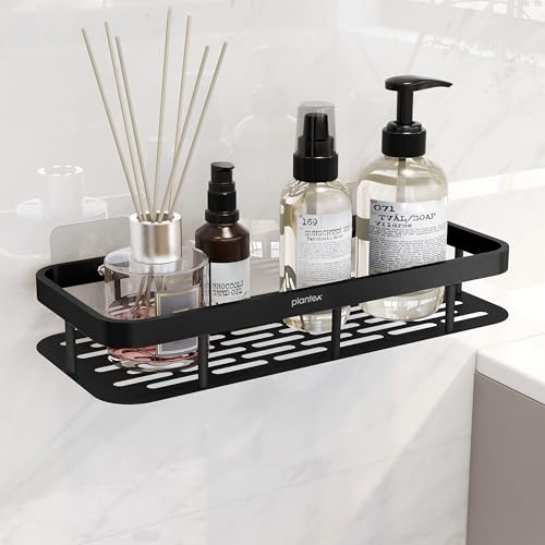 Image of Plantex Self Adhesive Bathroom Shelf /Bathroom Organiser Without Drill /Stainless Steel Bathroom Shelf Rack with Aluminium Railing /Kitchen Stand-Pack of 1(12x5 inch, Black)