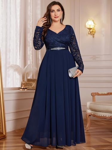 MISSMAY Women's Plus Size Floral Lace V Neck Rhinestone Ribbon Waist Chiffon Formal Bridemaid Maxi Dress4