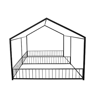 Double Montessori Floor Bed with Fence & Roof for Two Kids Teens Boys Girls,Twin Floor Bed,Easy Assemble,No Box Spring Needed, Black Double Montessori Floor Bed with Fence Roof for Two Kids Teens Boys GirlsTwin Floor BedEasy AssembleNo Box Spring Needed Black