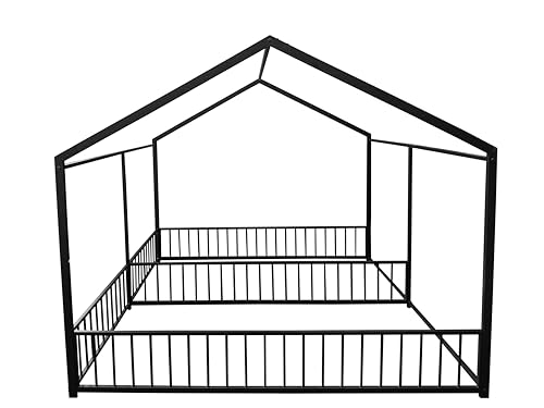 Double-Montessori-Floor-Bed-with-Fence-Roof-for-Two-Kids-Teens-Boys-GirlsTwin-Floor-BedEasy-AssembleNo-Box-Spring-Needed-Black Double Montessori Floor Bed with Fence Roof for Two Kids Teens Boys GirlsTwin Floor BedEasy AssembleNo Box Spring Needed Black
