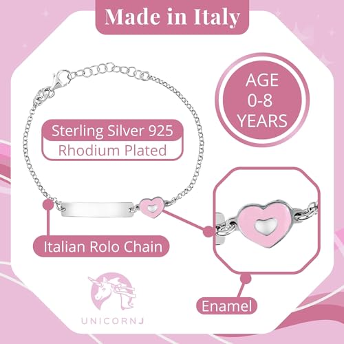 Image of UNICORNJ Sterling Silver 925 Engravable ID Bracelet Rolo Chain for Girls Heart with Pink Enamel 6.5 inch