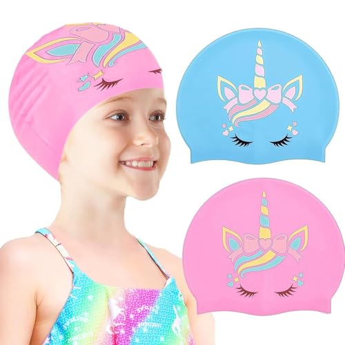 2 Stück Badekappe Kinder 4-12 Jahren, wasserdichte Badehaube Mädchen Lange Haare, Silikon wasserdichte Schwimmhaube Kinder rutschfest Badekappekinder für Schwimmbäder und Strände