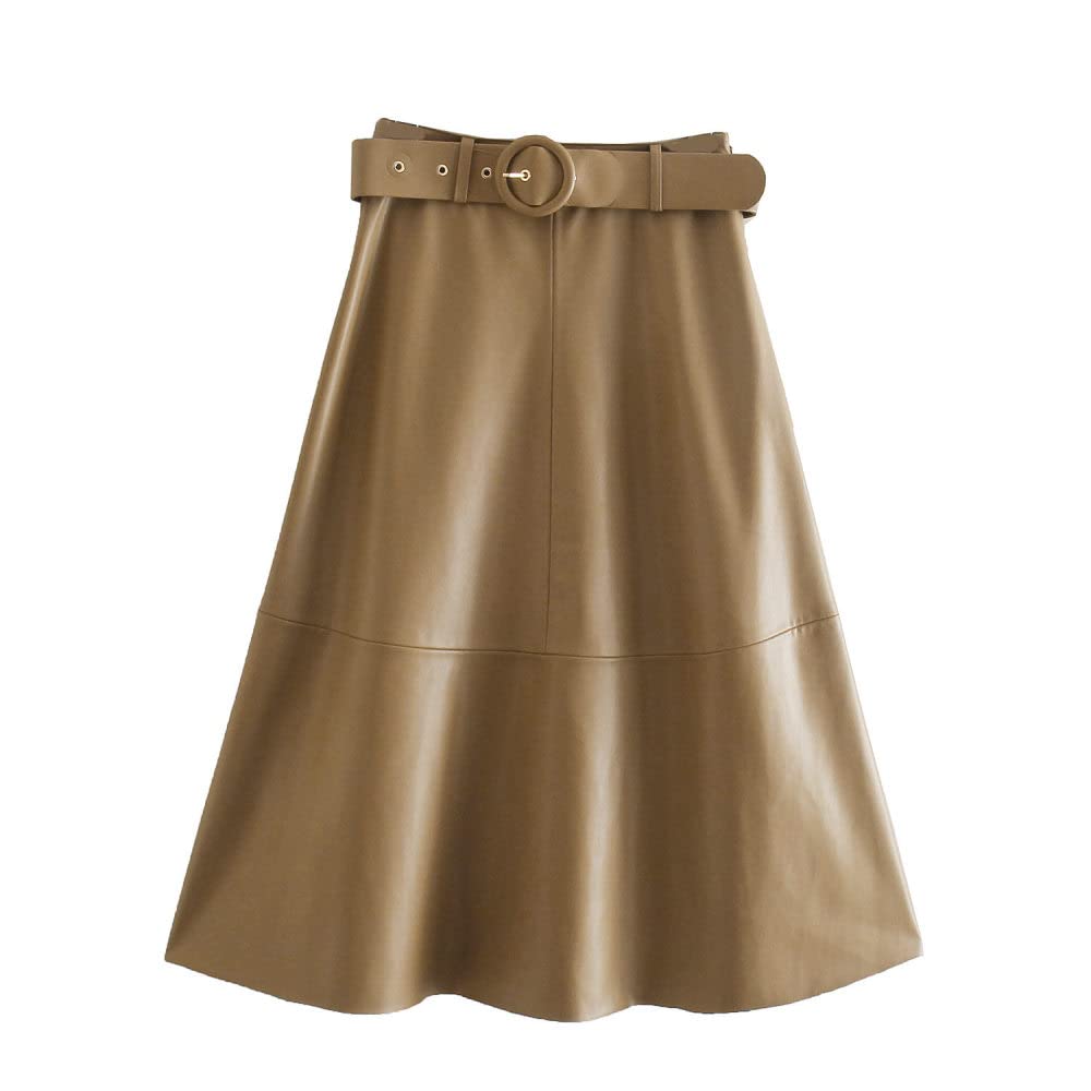Gonne da Donna,Gonna Longuette da Donna Gonna in Pelle Plissettata Pu A Vita Alta Color Cachi con Cerniera Cintura Autunno A-Line Altalena Gonne Lunghe Moda Increspato per Ragazze Signore,XS