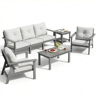 PamapicLife 7-Piece HDPE Patio Furniture Set, Outdoor Sectional Sofa Set,All Weather Outdoor Couch with Dust-Free Cushions, Durable Patio Conversation Sets for Balcony, Porch, Gray