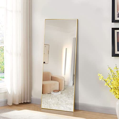 Image of NeuType 51 inchx16 inch Full Length Mirror with Standing Holder Aluminum Alloy Frame Floor Mirror Wall-Mounted Mirror for Living Room, Bedroom, Hanging or Leaning Against Wall, Golden (with Stand)