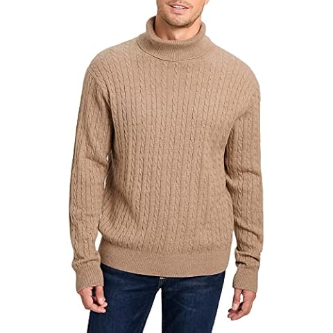 Kallspin Men's Cashmere Wool Blended Turtle Neck Pullover Sweater Long Sleeve Cable Knit Jumper (Khaki, XL) Cover
