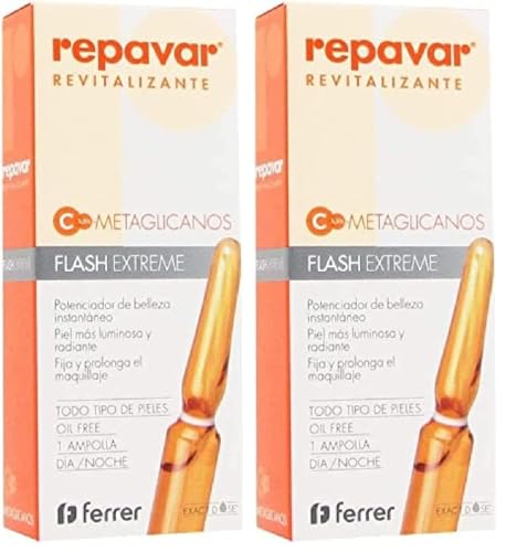 Repavar Revitalizante - Sérum Metaglicanos Flash Extreme - Efecto Tensor Inmediato - Elaborado con Vitamina C - Piel más Luminosa y Radiante - Fija el Maquillaje - 1 Ampolla de 1 ml (Paquete de 2)