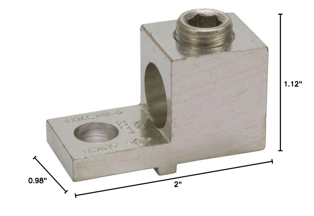 Dual Rated Mechanical Connector, Lug with Turn Prevent, 300 MCM-6 Wire Range, 0.437" Mounting Hole, 0.492" Turn Prevent to Mouting Hole Center, 0.984" Width, 1.125" Height, 2" Length