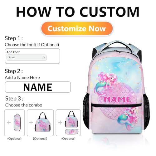 Personalized Mermaid Backpack, Cute Kids Backpack, Lightweight Preschool Bookbag for Girls Age 3-10, Kids Book bag for Elementary Travel Camping3