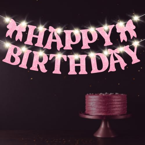 Image of KatchOn, Pink Bow Happy Birthday Banner with Lights, Pre-Strung - 10 Feet | Happy Birthday Decorations for Women, Kids | Glitter Pink Bow Party Decorations | Happy Birthday Backdrop