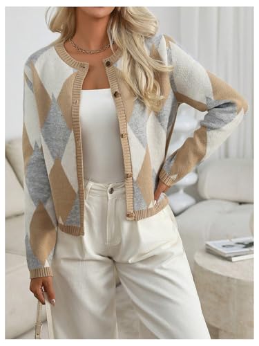 MakeMeChic Women's Argyle Plaid Button Down Cardigan Sweater Long Sleeve Knit Coat3