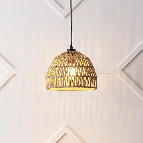 Image of JONATHAN Y 10.25 inch Brown Modern Bohemian Woven Rope LED Pendant Light Fixture, Adjustable Dome Ceiling Lamp for Kitchen Island, Rope Shade, Coastal Farmhouse Decor (JYL6513E)