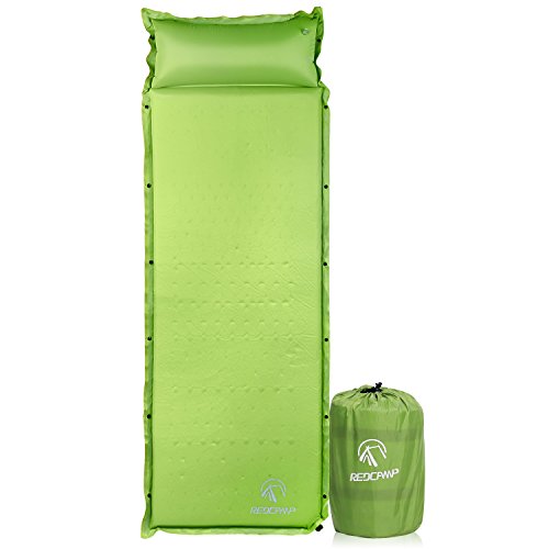 REDCAMP Self-Inflating Sleeping Pad with Attached Pillow, Compact Lightweight Camping Air Mattress with Quick Flow Value, Green 77