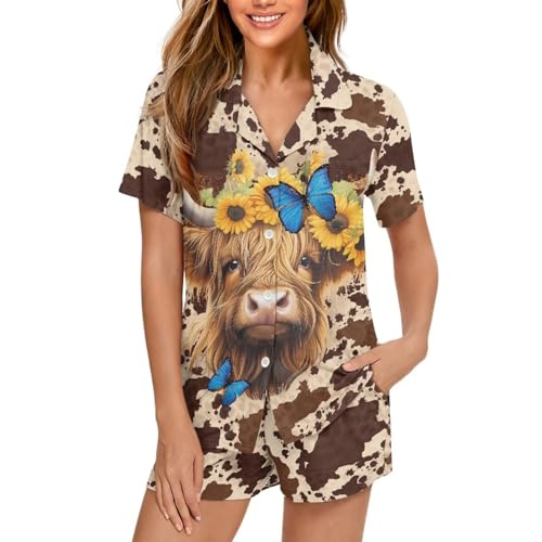 xixirimido Highland Cow Print Women's Summer Pajamas Set Short Sleeve Shirt Pants Ruffle Butterfly Sleepwear Nightwear with Pockets