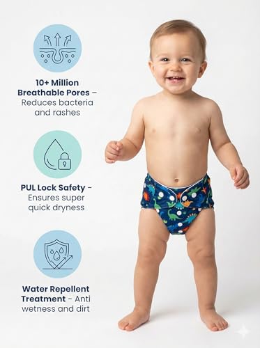 Image of Reusable Cloth Diaper for Babies | Washable Baby Cloth Diaper with Absorbent Insert | Leak Proof Adjustable Free Size Pocket Diaper 3M -3Years | Eco Friendly Reusable Baby Diaper (2, ORANGE DINO, One Size)