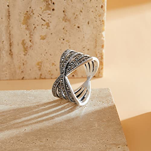Image of Mytys Vintage Wide Ring Classic Black Marcasite Crystal Rows Statement Silver Chunky Rings