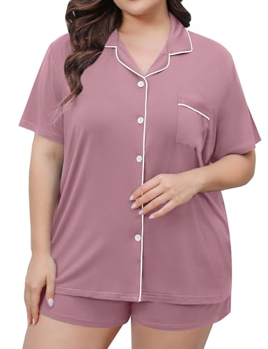 Image of SWOMOG Women's Plus Size Pajamas Set Button Down Tops Short Sleeve Sleepwear Soft Pajama Shorts 2 Pcs Lounge Sets With Pocket