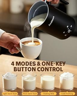 Andizun Milk Frother Electric, 4-in-1 Automatic Milk Steamer and Frother, Hot Chocolate Velvetiser, Milk Warmer and Frother with Large Capacity, Quiet One-Button Control, Easy Clean Non-Stick Jug