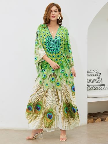 Image of KECVOT Kaftan Dresses for Women Embroidered Short Sleeve V-Neck Plus Size Caftan Bikini Swimsuit Cover-Up Long Beach Dress