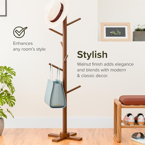 Image of Kuber Industries Wooden Freestanding Coat Hanger with 6 Hooks | Multipurpose Hanging Pole Rack Clothes Shelf | Ideal for Scarf, Bags & Hat | Brown