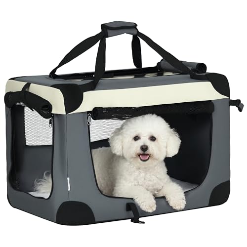 PawHut Panier de Transport Caisse de Transport pour Animal de Compagnie Sac à Main Pliable et Portable Ouverture supérieure Tissu en Maille Respirant Gris...