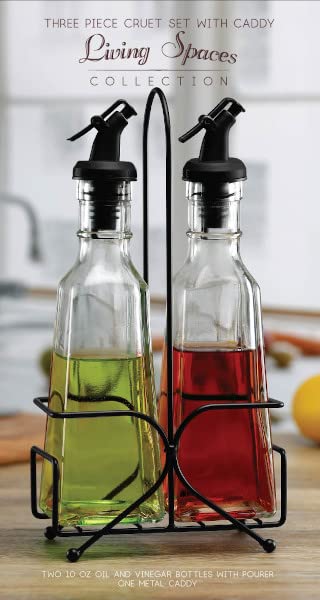 Circleware Living Spaces Collection Water Bottle Carafe with Locking Swing Top, Set of 3 in Black Metal Caddy Kitchen Drink Dispenser Glassware for Oil, Vinegar and Drinking Gifts, 10 oz, Clear